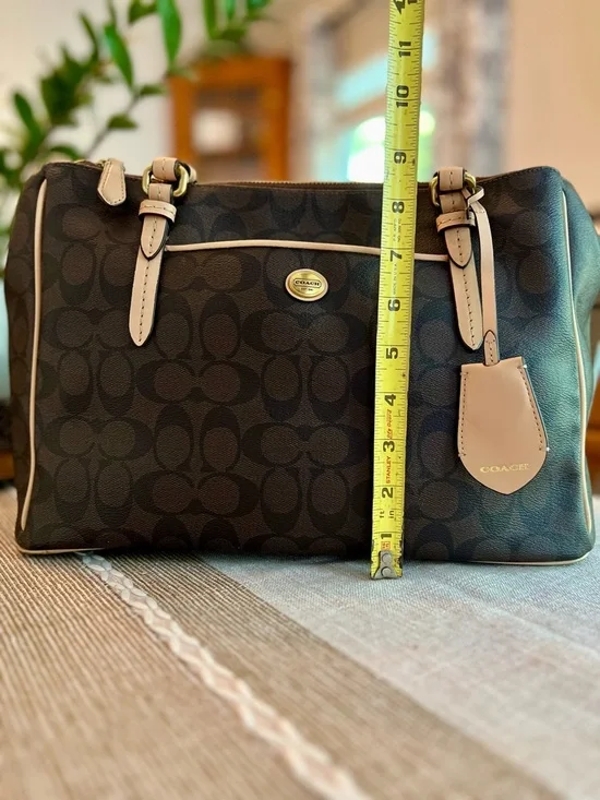 🤎Coach Signature Brown Canvas Tote Tan Leather Trim Shoulder Bag Zip Top - Picture 14 of 16